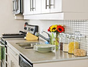 clean kitchen with bright spring flowers