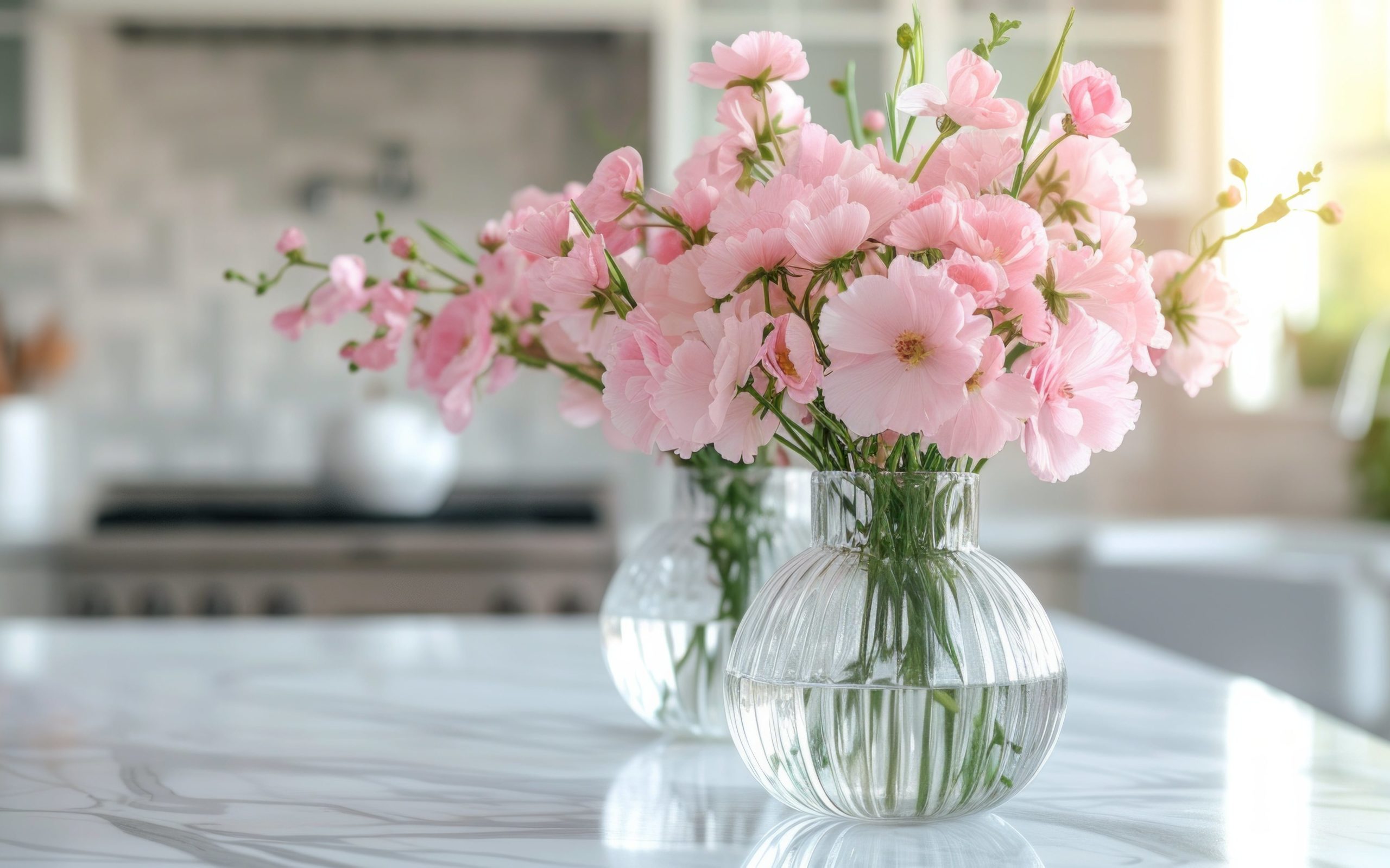 pink flowers on counter