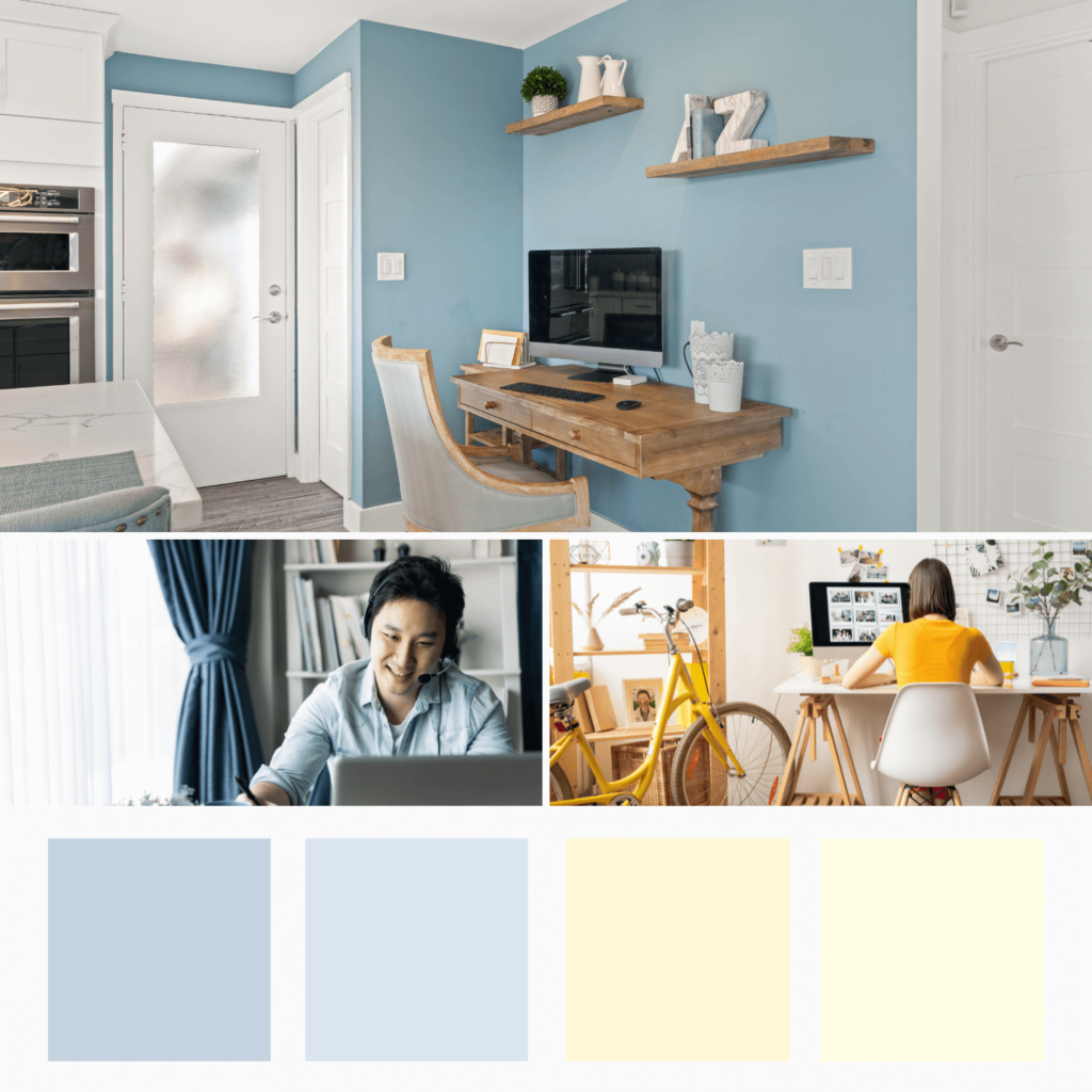 Color palette showing blues and yellows with people working from home.