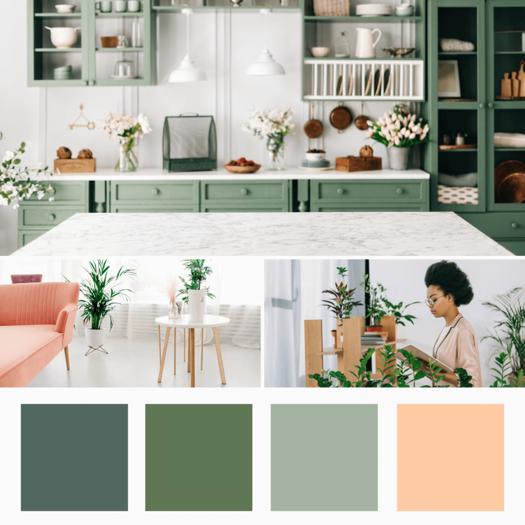 Color palette showing greens and oranges with home decor featuring plants.