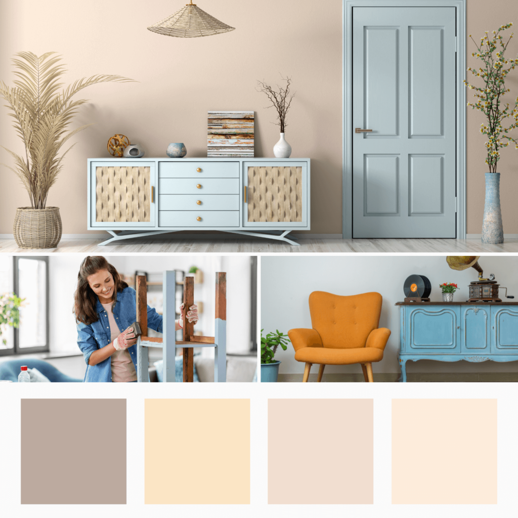 Color palette showing traditional neutrals with reclaimed furniture.