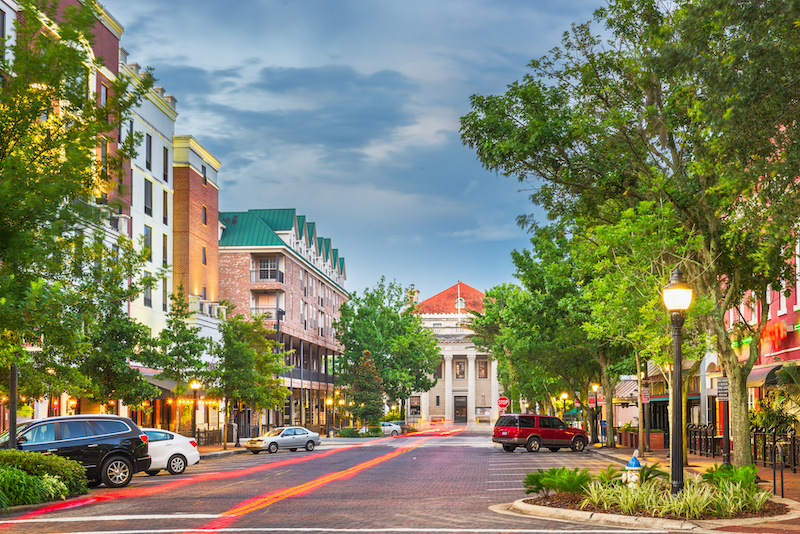 Gainesville, Florida, USA downtown cityscape at twilight.