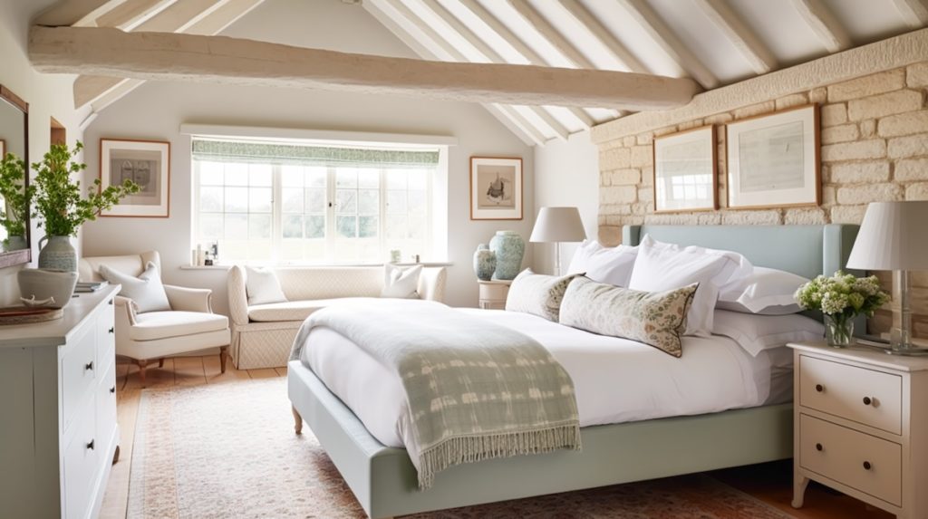 White and green guest bedroom prepared for holiday guests