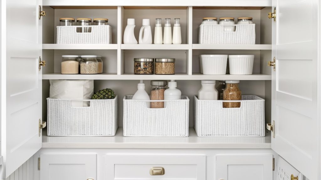 Organized kitchen pantry, stocked with items for holiday guests