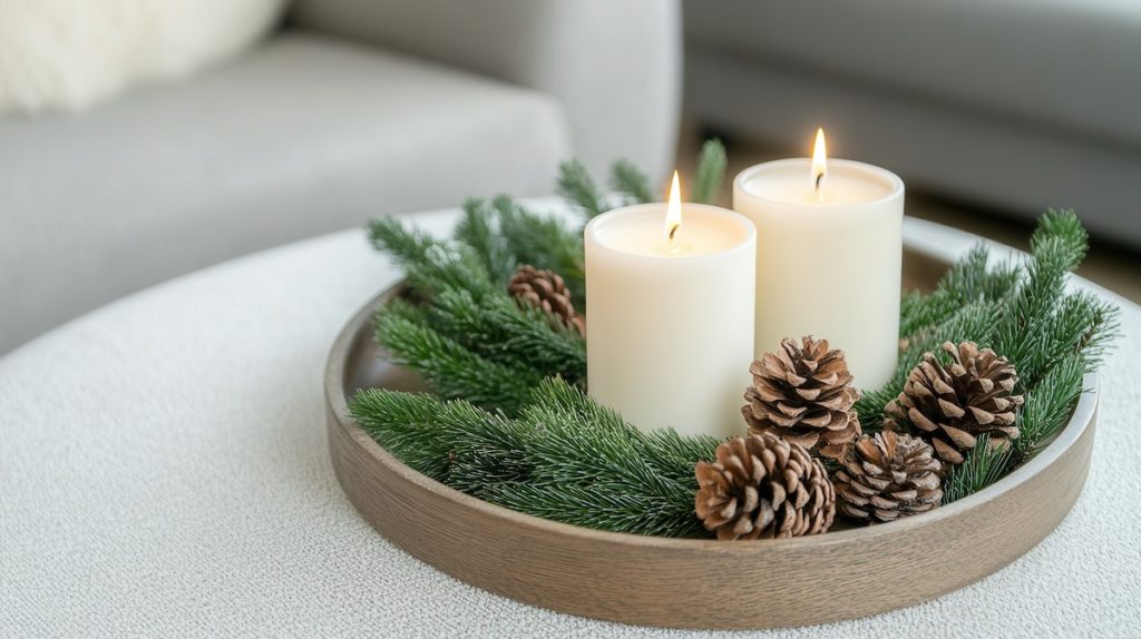 Tray with scented candles, green garland and pine cones