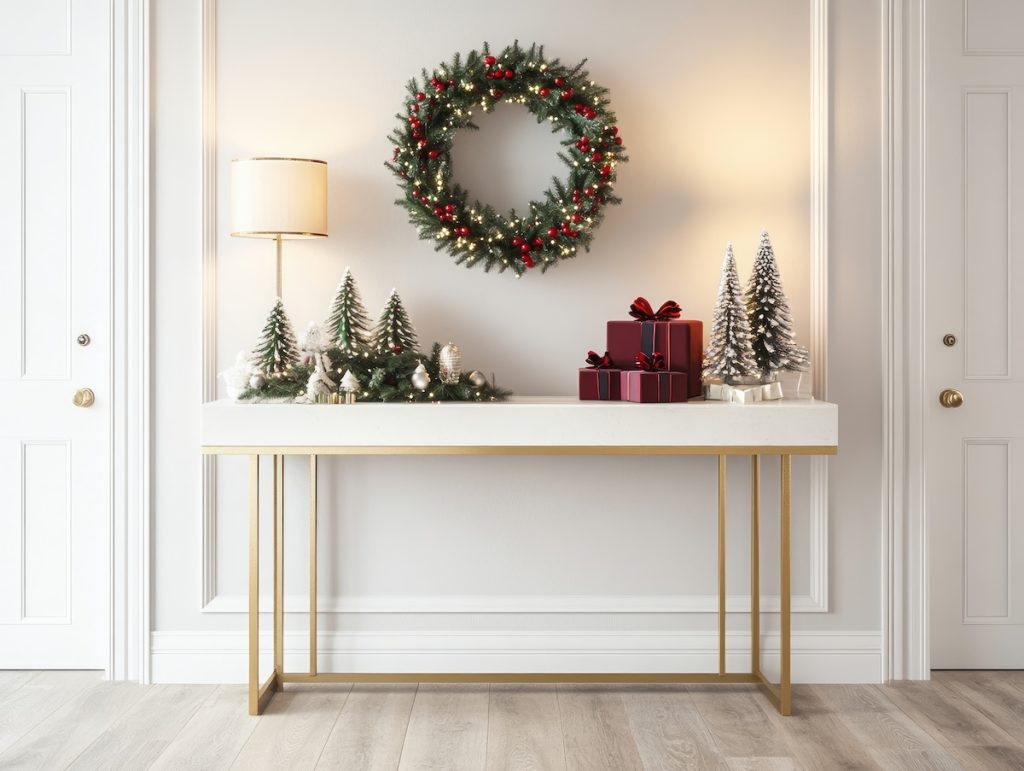 Home foyer with holiday wreath and table with Christmas decor