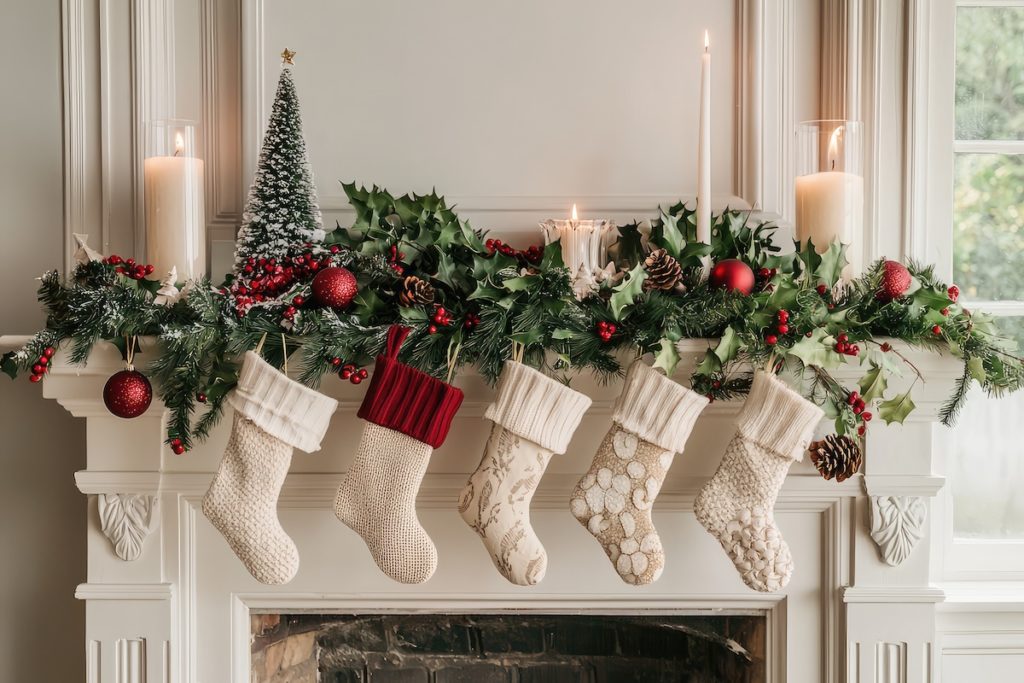 Mantle with holiday decor and stockings 