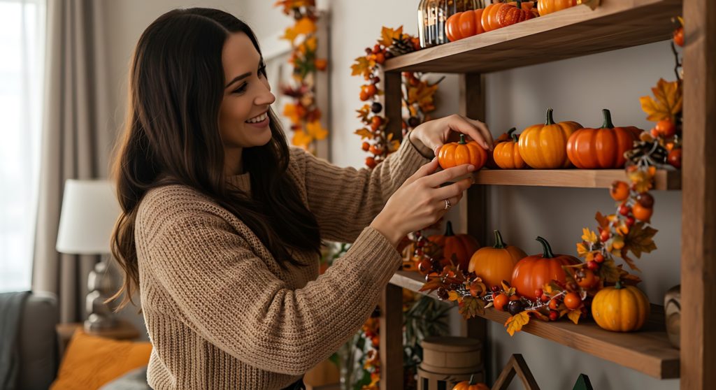 woman decorating for fall